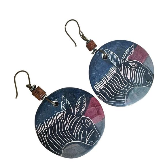 Hand-Carved Zebra Earrings โ Bold Artisan Dangle Earrings with Rolled Bead Detai - Picture 6 of 8